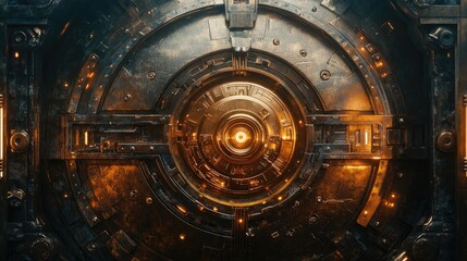 Obraz premium Intricate, metallic circular structure with glowing center.