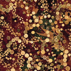 A vibrant seamless pattern by the decorative art , featuring an intricate mosaic of polygonal shapes in gold, emerald, rust, and bronze tones. The composition is enriched with 