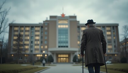 Elderly man walks toward large neutral building with glowing windows using cane for support.