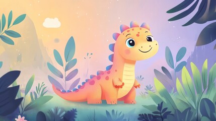 Cute cartoon dinosaur in a lush garden at sunset.