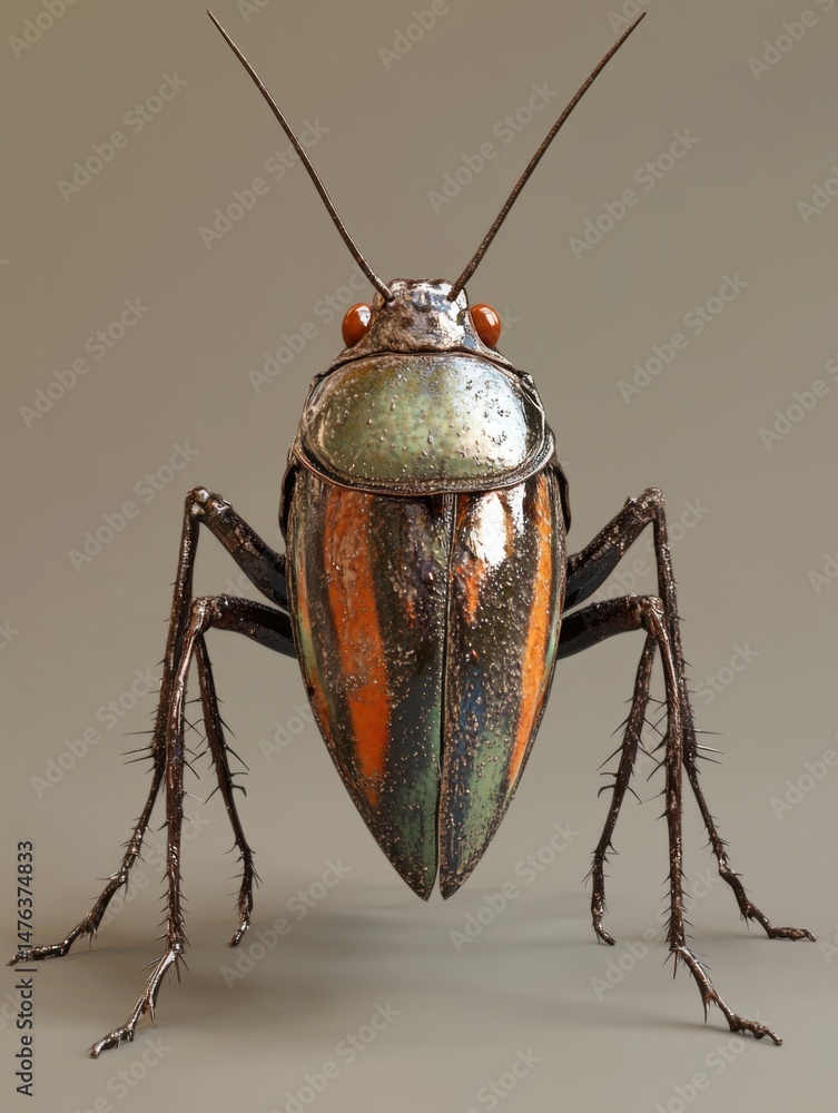 Poster detailed close up of metallic shield bug insect standing still on a plain background studio shot mac