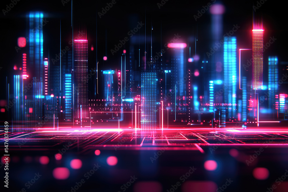 Poster dynamic digital cityscape virtual environment abstract visualization futuristic aesthetic high-tech 