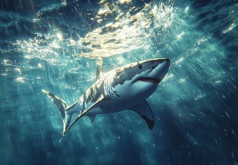 Fototapeta premium Great White Shark Underwater Sunlight Ocean