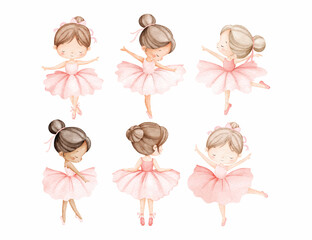 Watercolor Illustration Set of Little Ballerina Wears Pink Dress