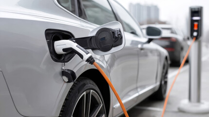 Fototapeta premium Electric vehicle charging station with silver car plugged in