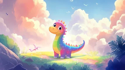 Rainbow dinosaur cartoon illustration on a hilltop, under a pastel sky.