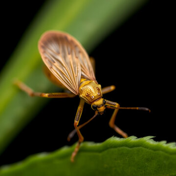 Blurry female Gold Dust Weevil (Coleoptera: Curculionidae: Entiminae: Tanymecini: Piazomiina: Hypomeces squamosus) hardened forewings raised, hindwings unfolding on a leaf isolated black background