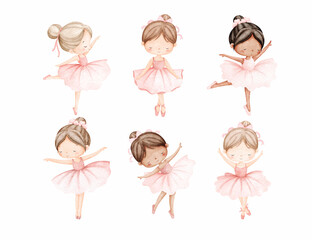 Watercolor Illustration Set of Little Ballerina Wears Pink Dress