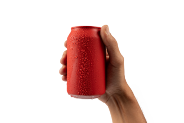 Male hand holding a red aluminium drinking soda can isolated no background