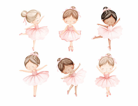 Watercolor Illustration Set of Little Ballerina Wears Pink Dress