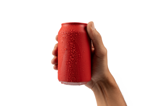 Male hand holding a red aluminium drinking soda can isolated no background
