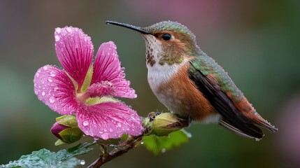 Fototapeta premium Vibrant rufous hummingbird with pink flower and dewdrops