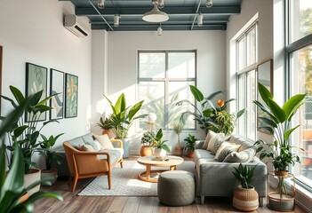 Fototapeta premium Biophilic living room with indoor plants and natural light