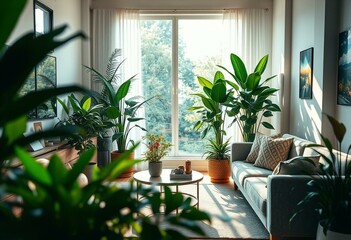 Fototapeta premium Biophilic living room with indoor plants and natural light