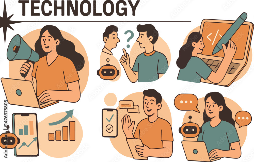 Poster ai technology in business and marketing set. characters using artificial intelligence, algorithms, g