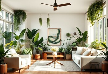 Biophilic living room with indoor plants and natural light