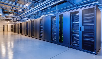 Rows of server cabinets in a modern data center.  Metal racks lined up, containing computer hardware.  High ceilings with utility pipes.  Clean, polished floor