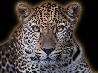 Fototapeta premium Close-up of a majestic leopard with vivid yellow eyes against a dark background.