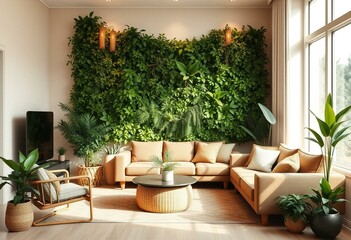 Fototapeta premium Biophilic living room with indoor plants and natural light