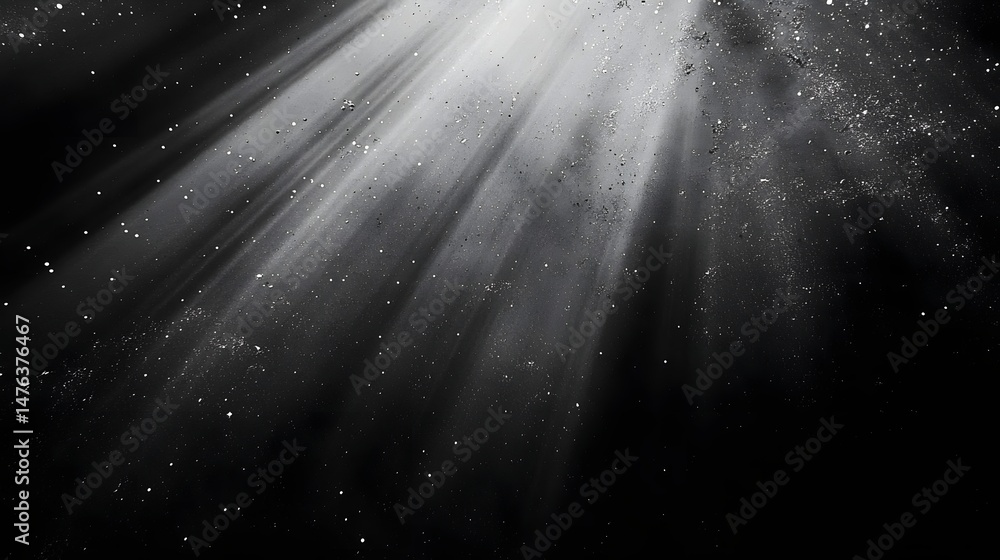 Poster floating rays and shadows, medium-rough noise texture over dark abstract space