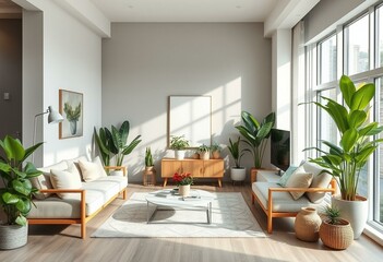 Biophilic living room with indoor plants and natural light