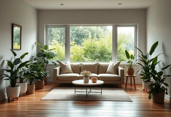 Fototapeta premium Biophilic living room with plants and natural light