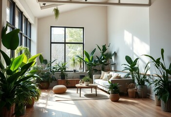 Fototapeta premium Biophilic living room with indoor plants and natural light
