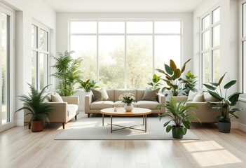 Biophilic living room with natural light and indoor plants