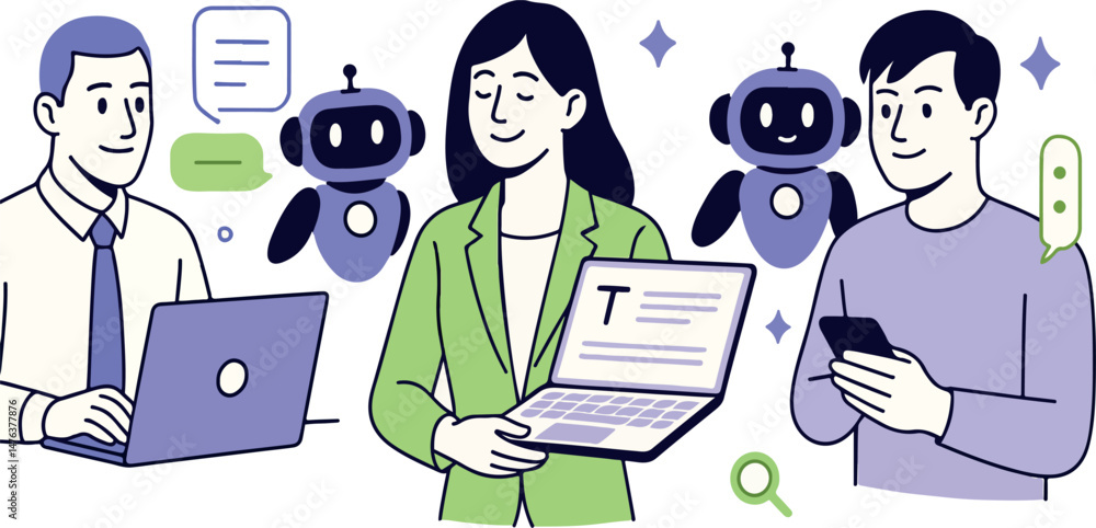 Poster ai technology set. characters using artificial intelligence generative tools for business tasks, con