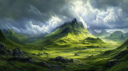 Fototapeta premium Lush green valley nestled between dramatic mountains under a dramatic sky