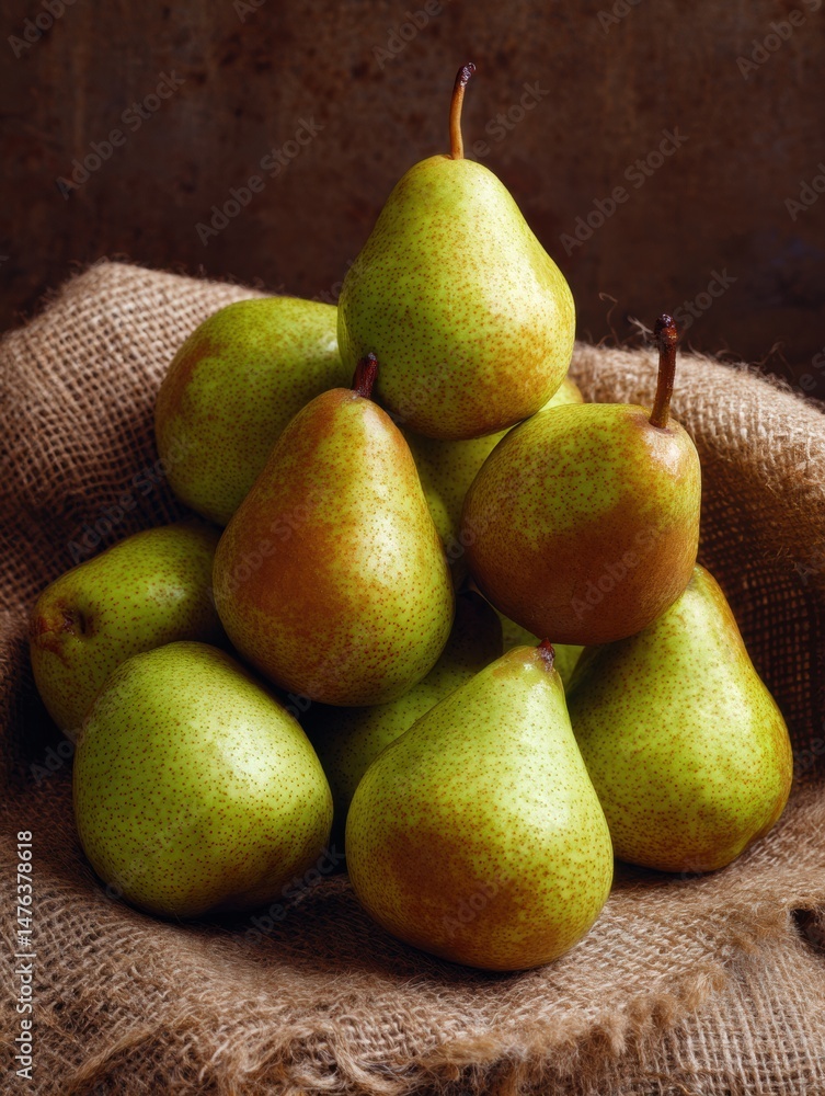 Aufkleber Pears Arranged in a Pyramid on Burlap Fabric in a Cozy Setting During Daylight