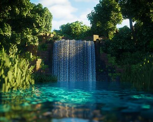 Clean waterfall in a dense forest, simple natural tones of blue and green