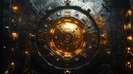 Obraz premium Intricate metallic vault door with golden center circle.