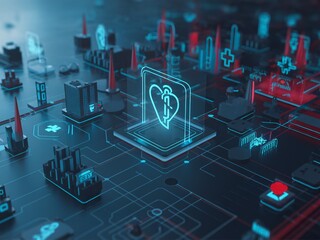 Digital health care technology concept with glowing health icons and city structures.