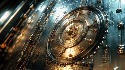Intricate metallic vault door design with circular mechanism.