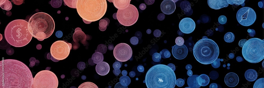 Poster abstract representation of colorful circles and price icons floating in a dark space highlighting di