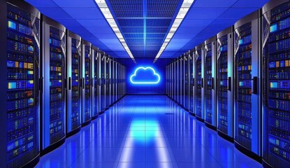 Modern server room, lined with rows of computer equipment, bathed in cool blue light, with a glowing cloud symbol