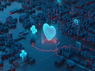Digital heart symbol representing health technology in a futuristic urban setting.