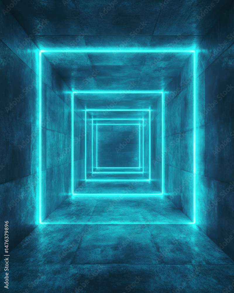 Poster abstract neon tunnel perspective view with concrete walls and floor in a modern style for technology