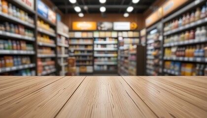 Obraz premium A smooth wooden surface in the foreground with a blurred shop interior filled with snacks, drinks.