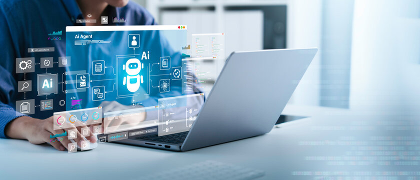 Ai Agent, intelligence artificial development concept for Automation System. Developer uses a laptop for Ai Training and machine learning dashboard. Technology smart robot and agentic workflows