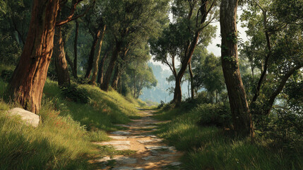 Obraz premium Serene forest path winds through lush greenery, with tall trees lining way. Sunlight filters through leaves, creating peaceful atmosphere perfect for nature walk