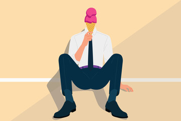 relaxing man concept, businessman sitting on floor eating ice cream, energy recharge , stress depression relief , cartoon vector