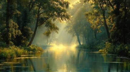 Obraz premium Misty forest river at dawn