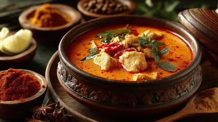 Rich and aromatic curry dish is presented in traditional bowl, surrounded by spices and fresh ingredients. vibrant colors and enticing aroma create warm and inviting atmosphere