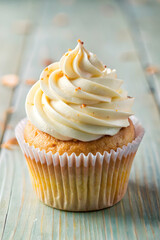 Cupcake topped with creamy icing for delicious dessert photography