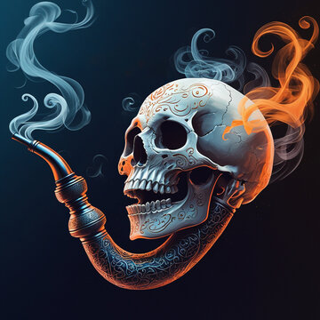 Smoke and Bones: An intricate skull, adorned with delicate patterns, puffs on a ornate pipe as wisps of smoke curl around its head, creating a hauntingly beautiful and enigmatic scene.