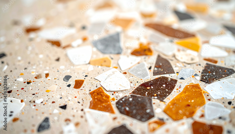 Poster a close-up view of a textured surface featuring a variety of colorful, irregularly shaped stone piec