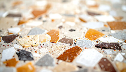 A close-up view of a textured surface featuring various colored stones and aggregates, creating a unique and intricate pattern