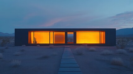 Obraz premium Modern desert home bathed in warm, ambient light.
